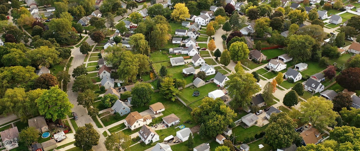 Aerial drone view of American suburban neighborhood