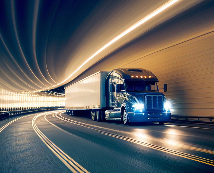 Semi Truck at Speed in Tunnel_