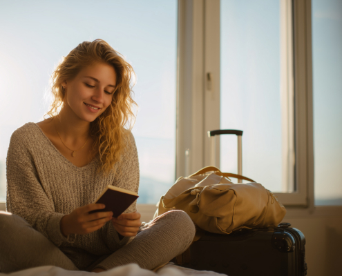 young woman sitting on bed with suitcase holding passport, happy traveler preparing for journey in sunny room, millennial female planning vacation with luggage by window